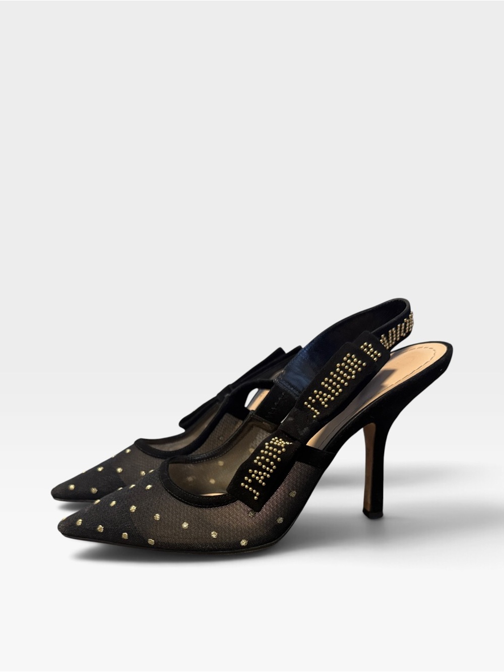 Dior Black Plumetis Mesh J'adior Studded Suede Pointed Toe Slingback Heels EU 38